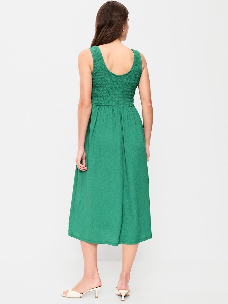 Fit & Flare Sleeveless Smocked-Bodice Midi Dress