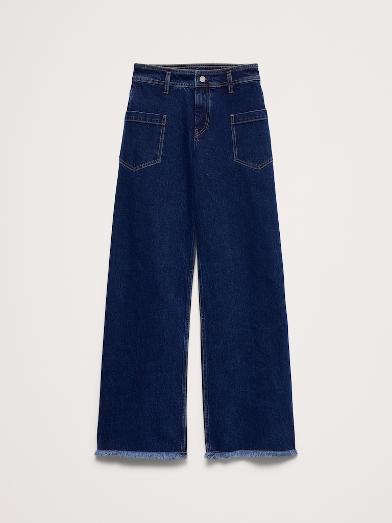 Mid-Rise Wide-Leg Marbled Jean with Raw Hem