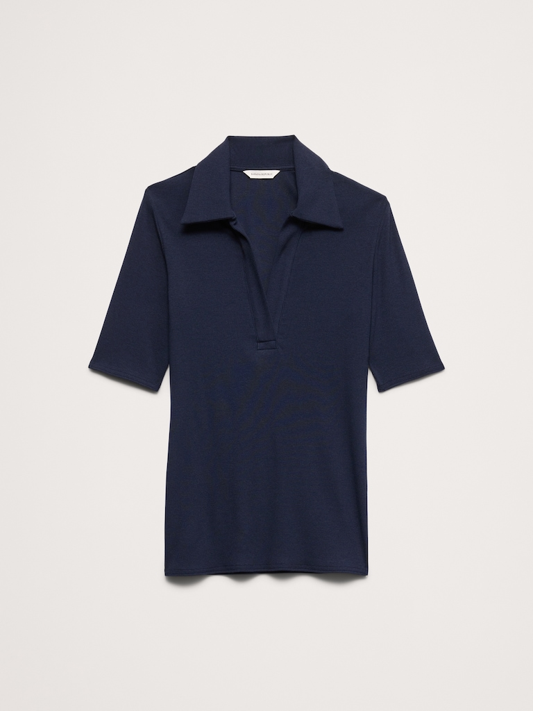 Ribbed Elbow-Sleeve Polo