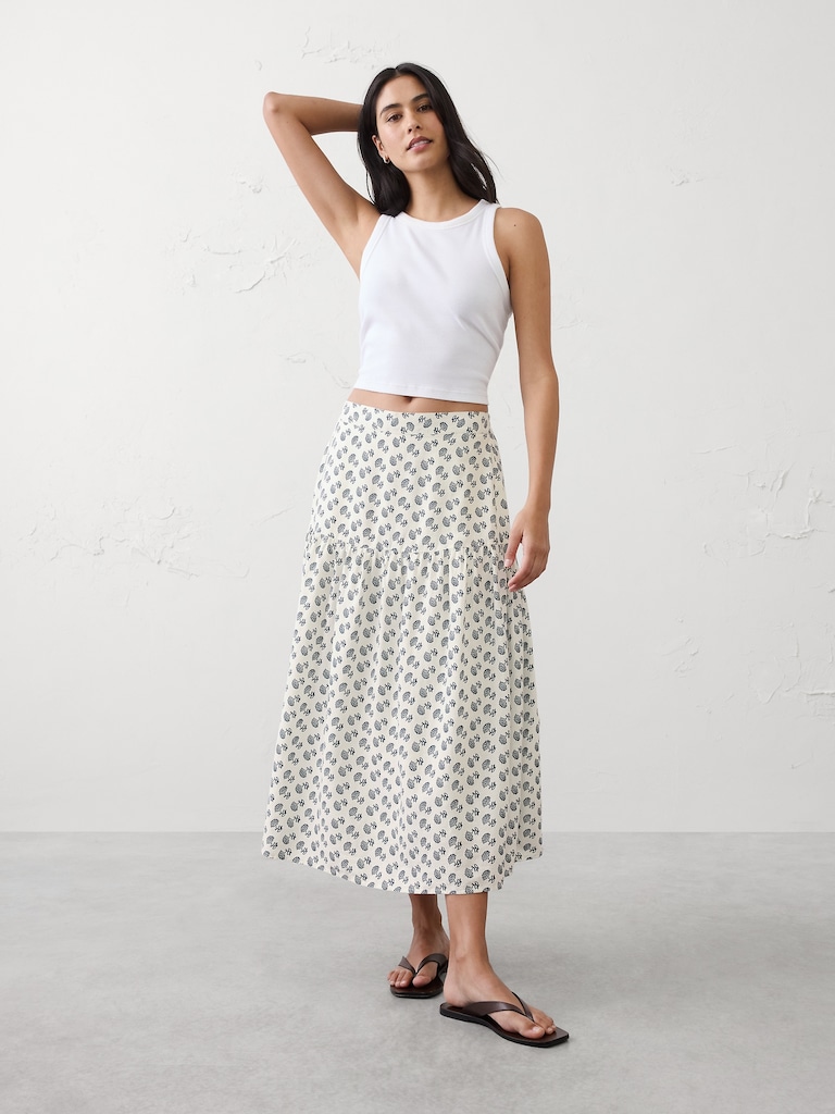 Linen-Blend Tiered Midi Skirt