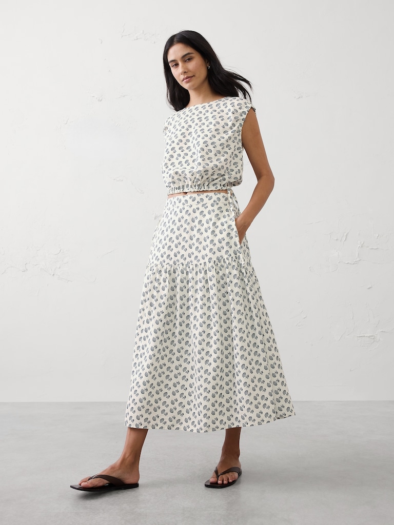 Linen-Blend Tiered Midi Skirt