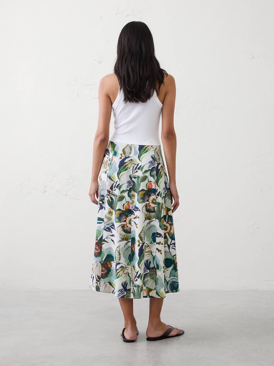 Linen-Blend Seamed Midi Skirt