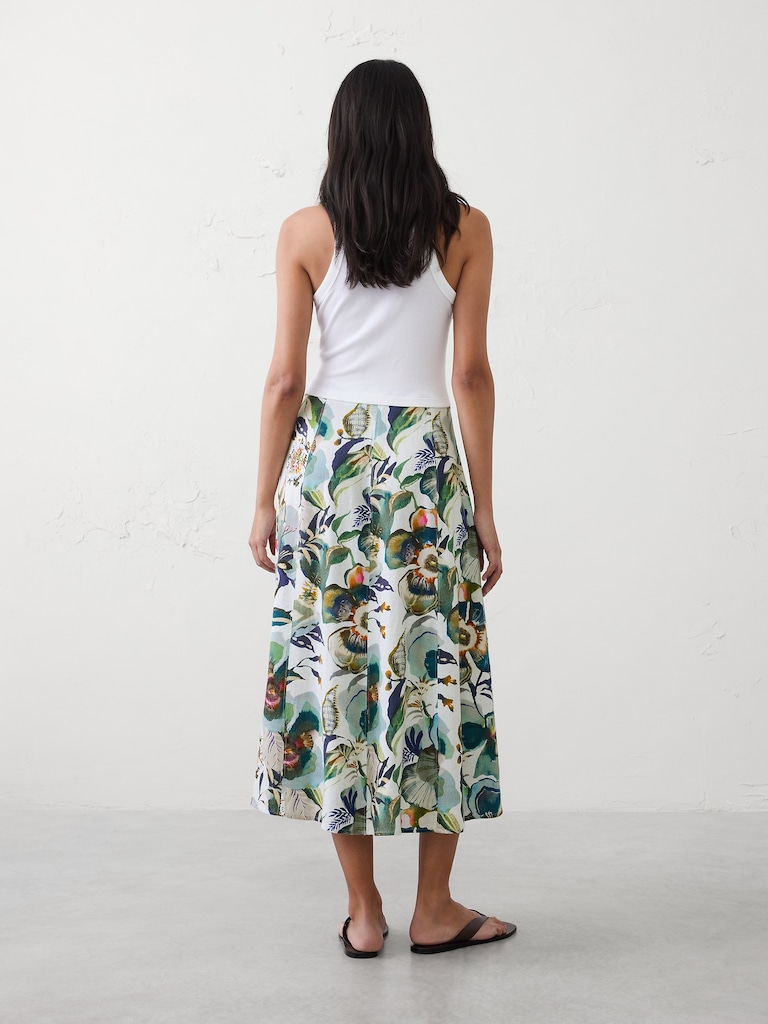 Linen-Blend Seamed Midi Skirt