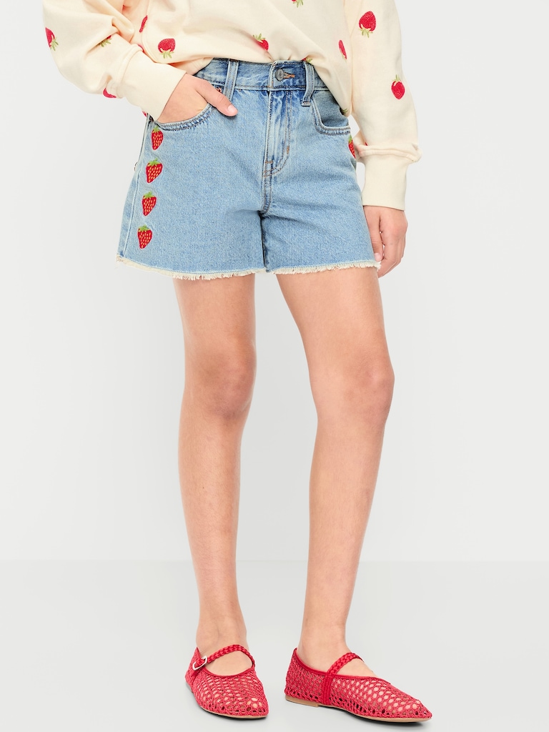 High-Waisted Embroidered Frayed-Hem Jean Shorts for Girls
