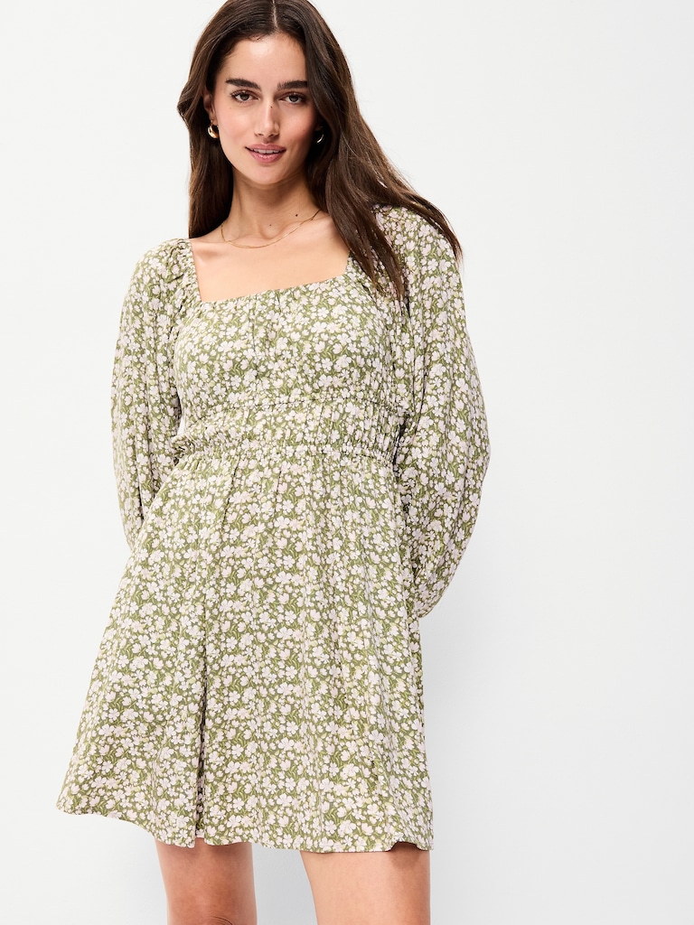 Long-Sleeve Square-Neck Mini Dress