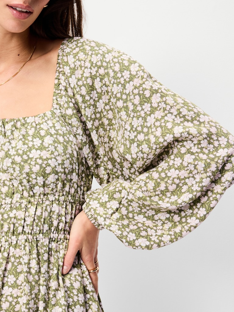 Long-Sleeve Square-Neck Mini Dress