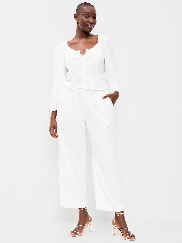 High-Waisted Linen-Blend Straight Ankle Pants