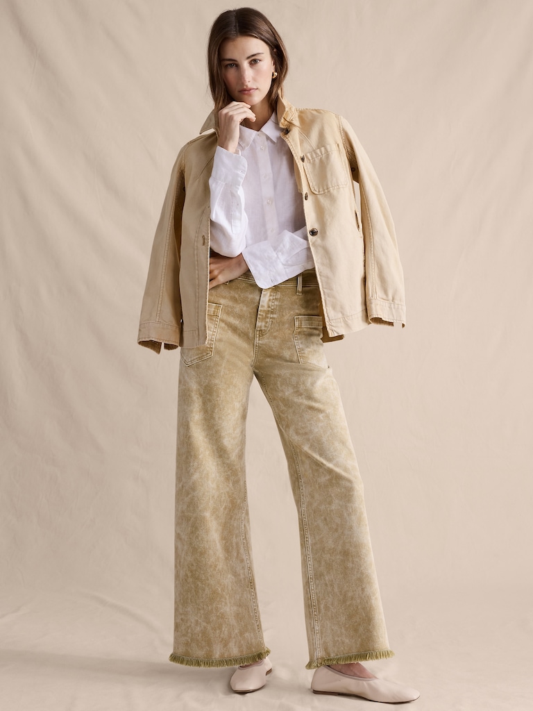 Mid-Rise Wide-Leg Marbled Jean with Raw Hem