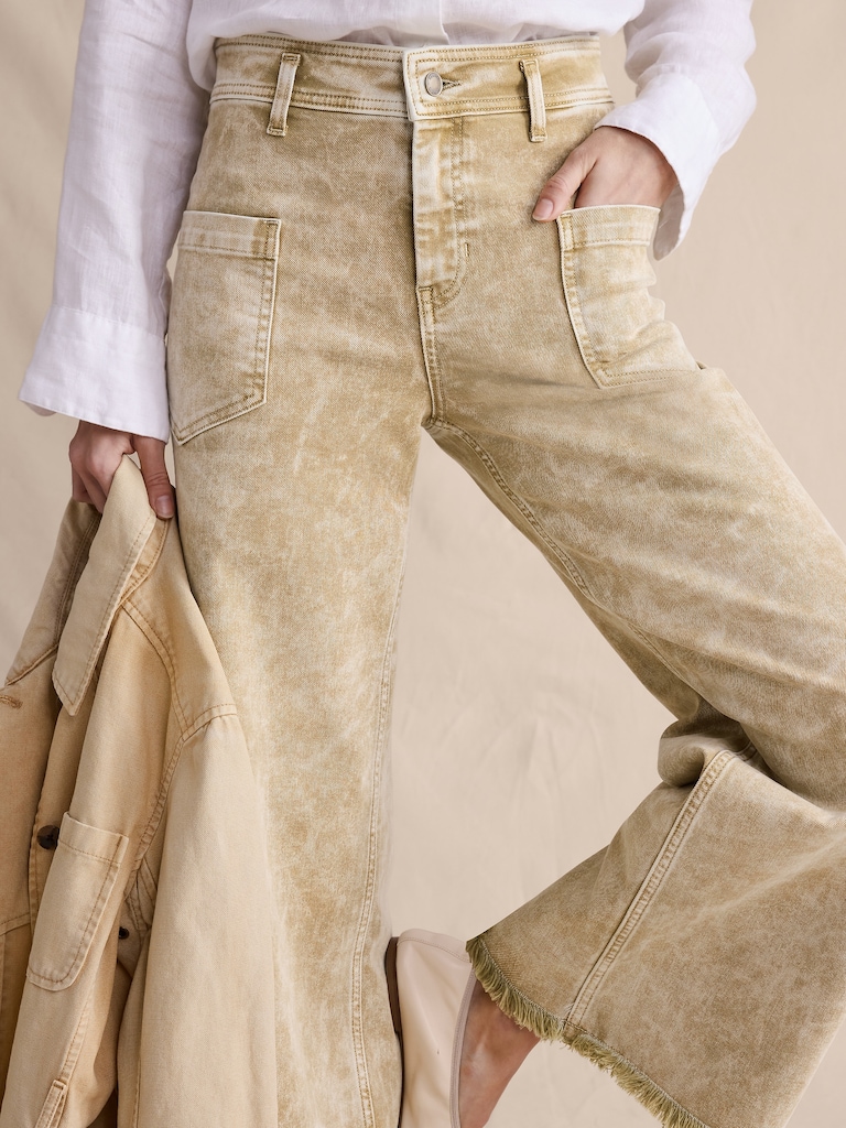 Mid-Rise Wide-Leg Marbled Jean with Raw Hem