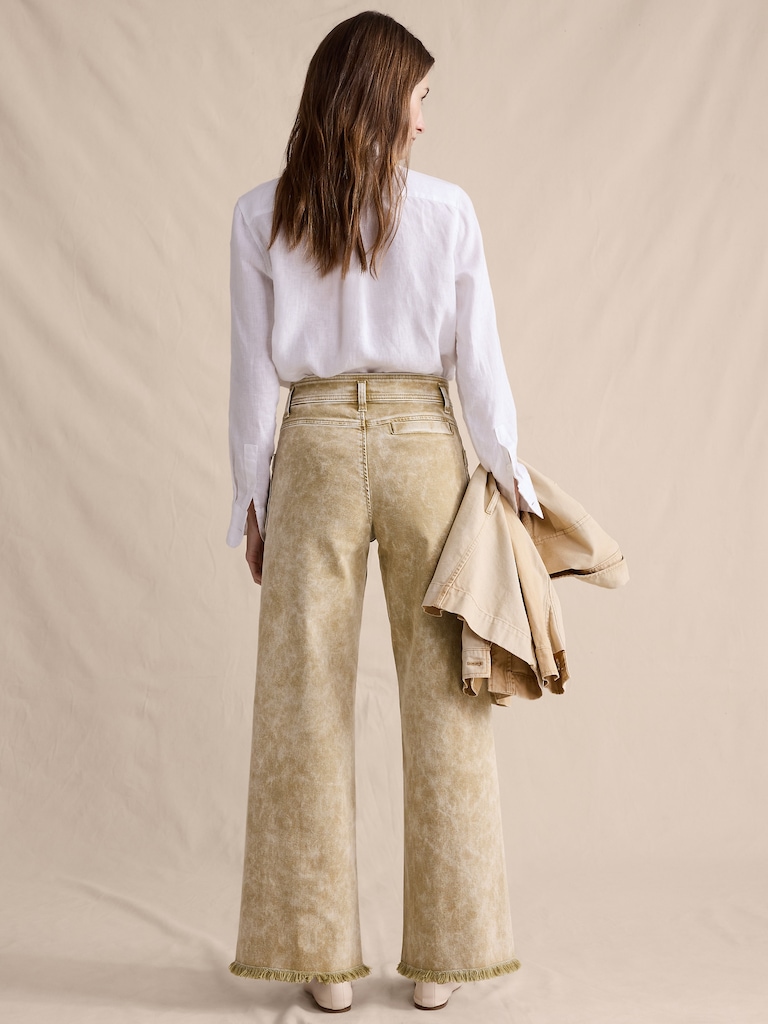 Mid-Rise Wide-Leg Marbled Jean with Raw Hem