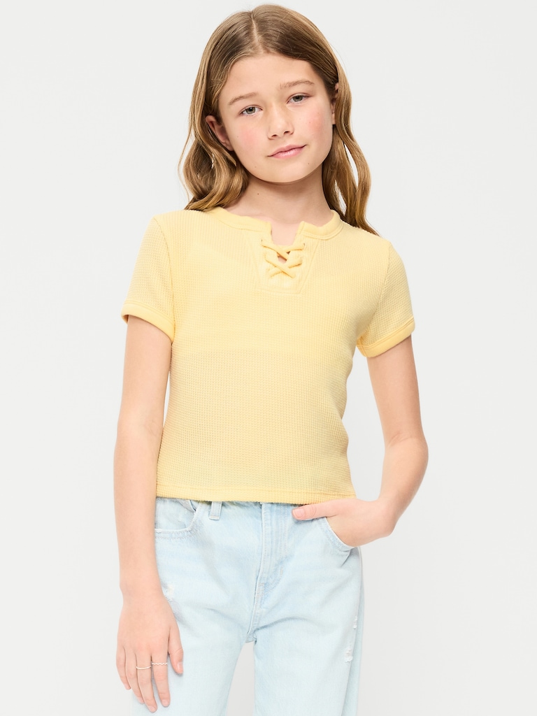 Fitted Short-Sleeve Lace-Up Waffle-Knit Top for Girls