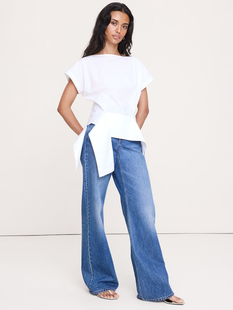 Cotton Poplin Boatneck Asymmetrical Top