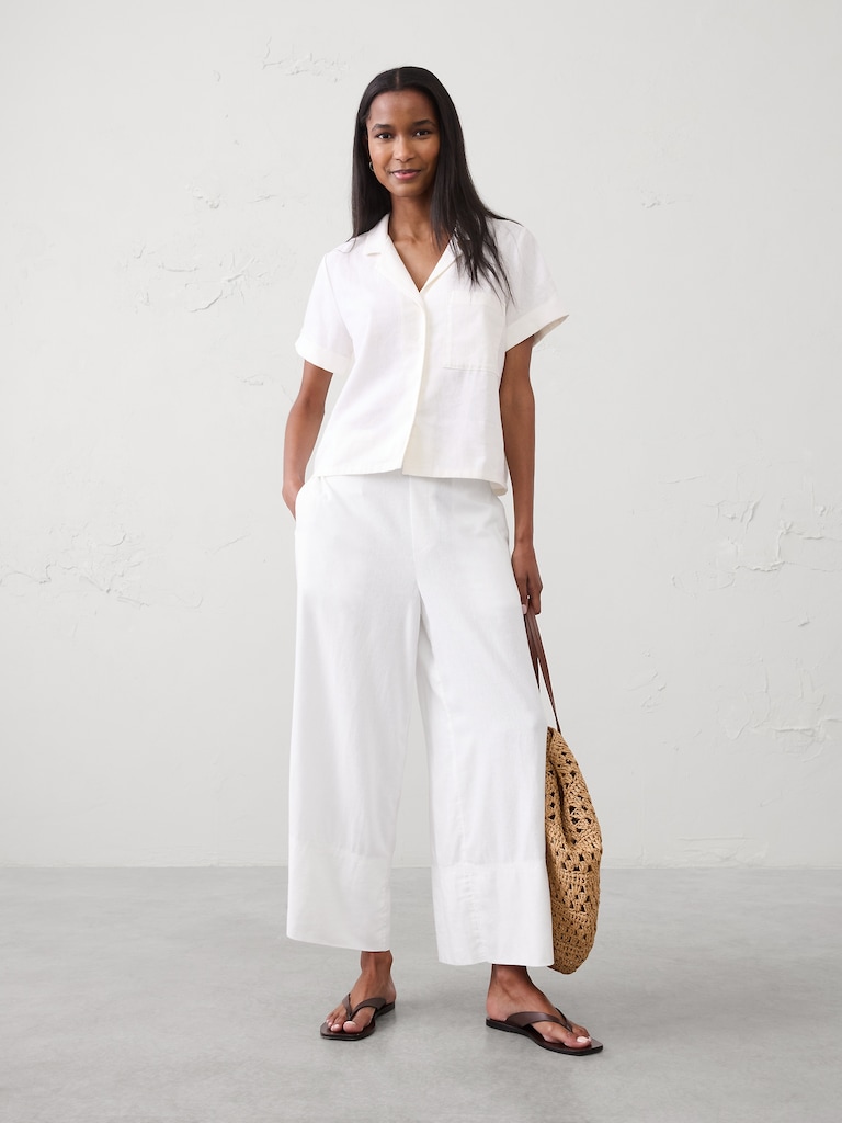 Wide-Leg High-Rise Linen-Blend Cropped Pull-On Pant