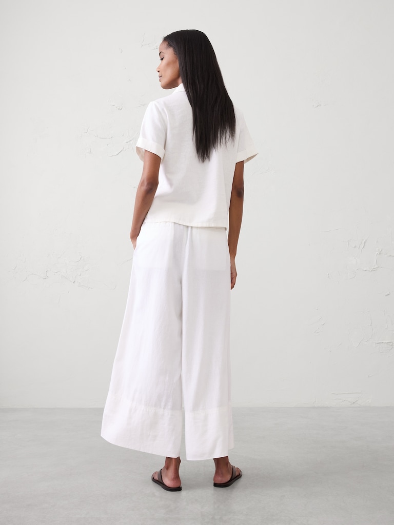 Wide-Leg High-Rise Linen-Blend Cropped Pull-On Pant