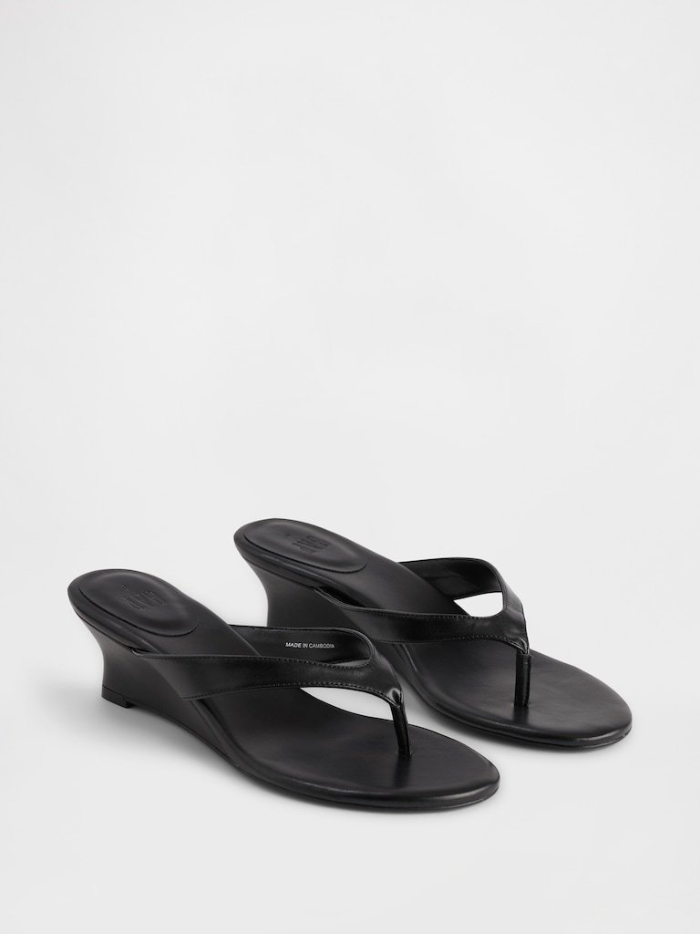 Vegan Leather Wedge Thong Sandals
