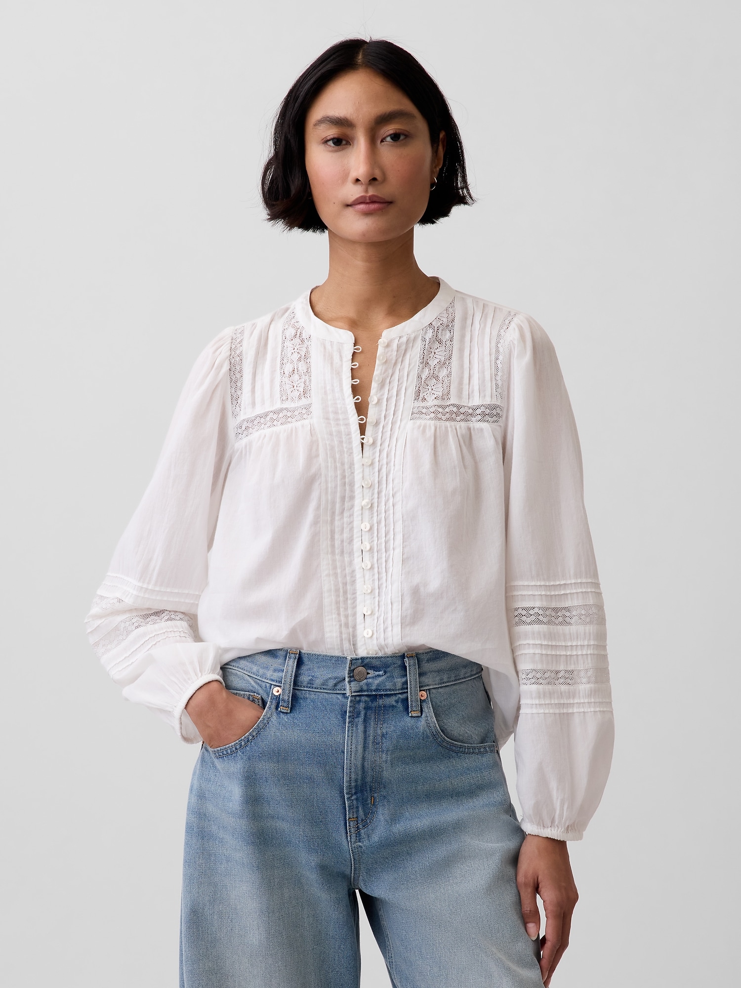 Lace-Trim Pintuck Top | Gap