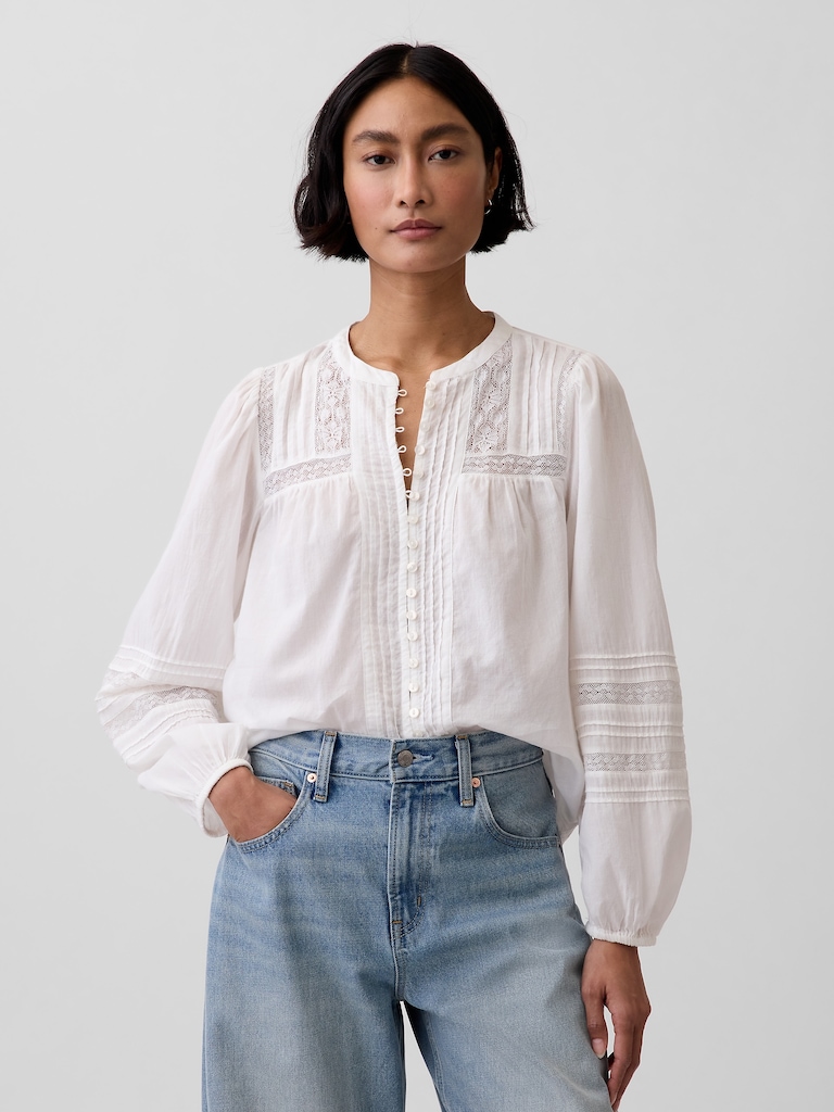 Lace-Trim Pintuck Top