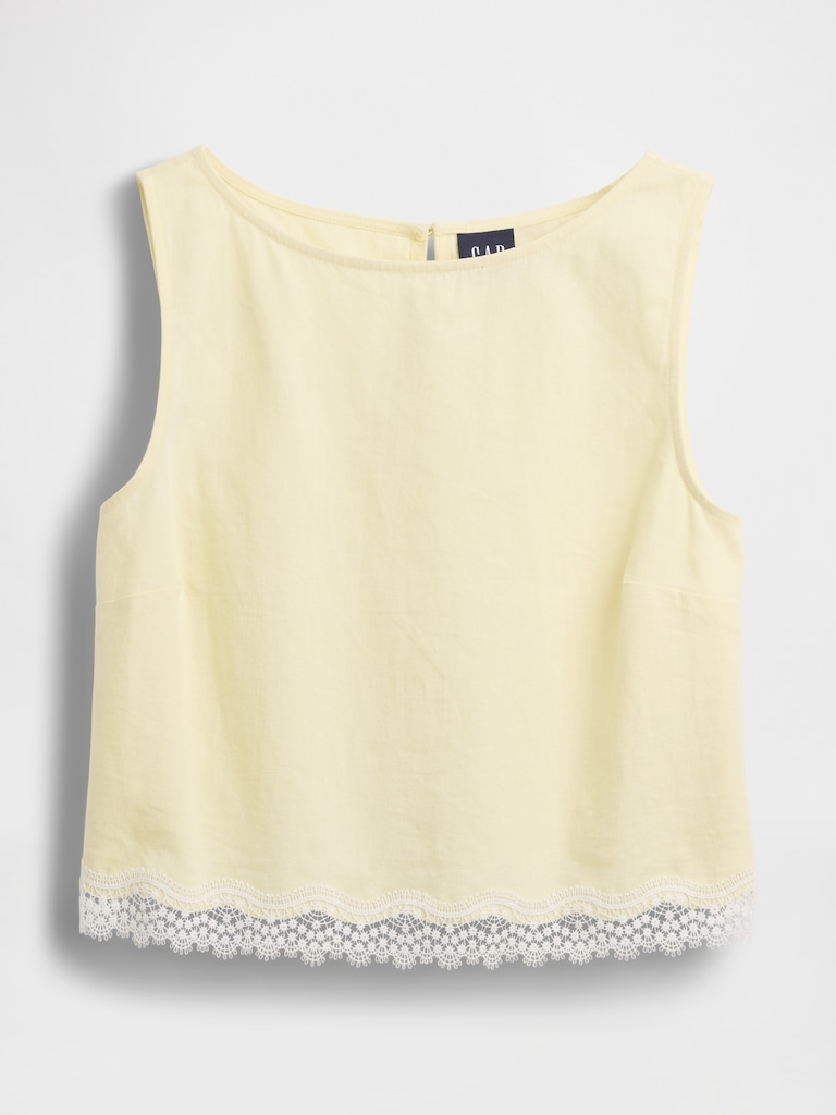 Linen-Blend Lace-Hem Crop Shell Top