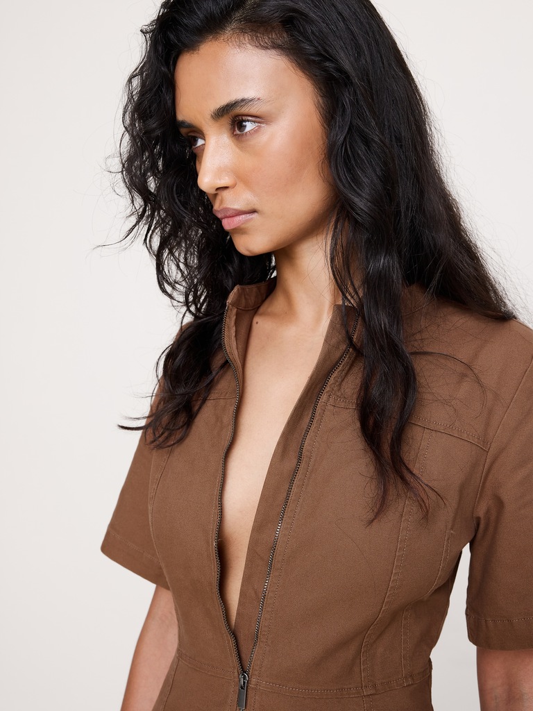 Cotton Canvas Zip-Front Maxi Dress