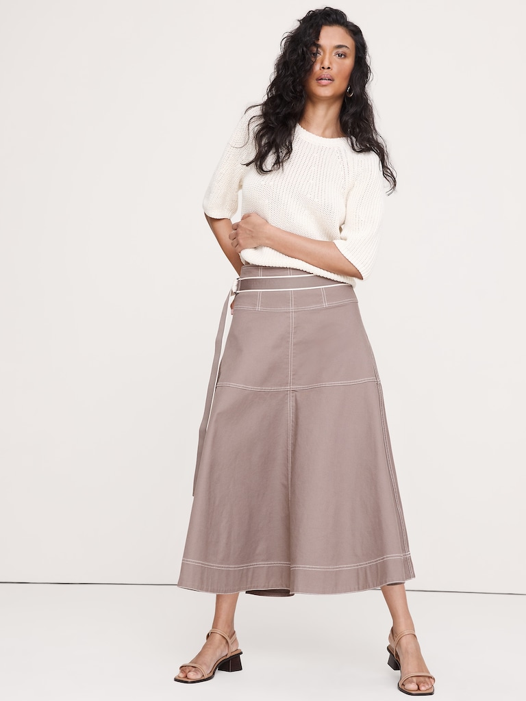 Cotton Canvas Belted Maxi Skirt