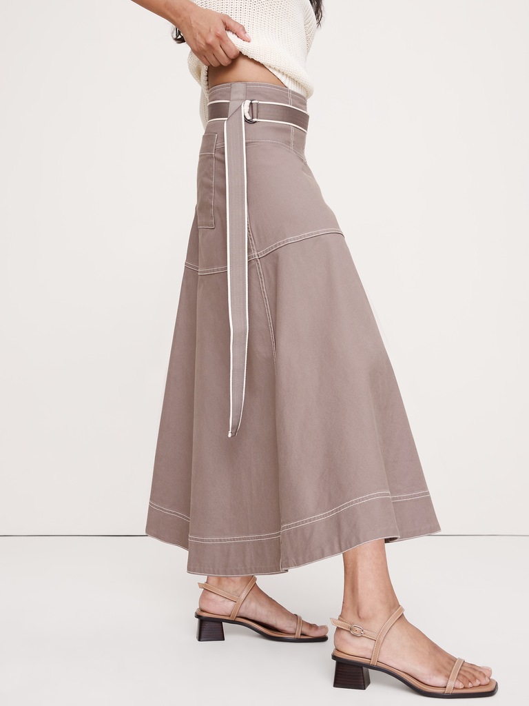 Cotton Canvas Belted Maxi Skirt