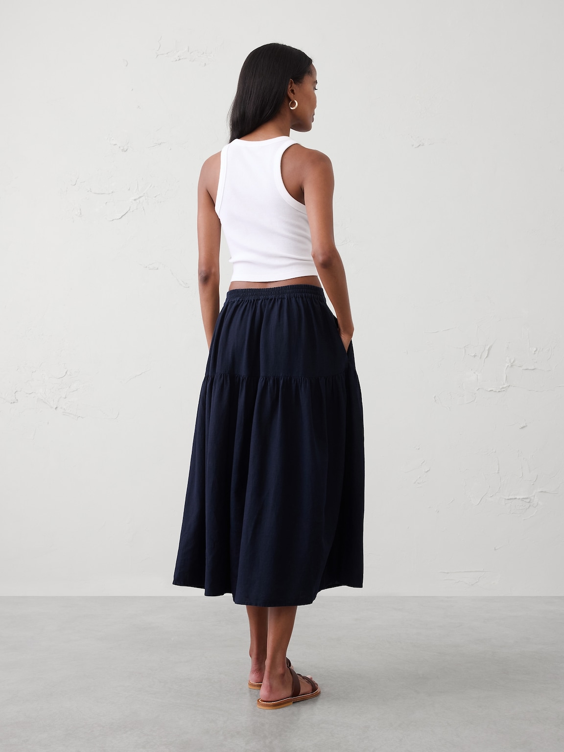 Linen-Blend Tiered Midi Skirt