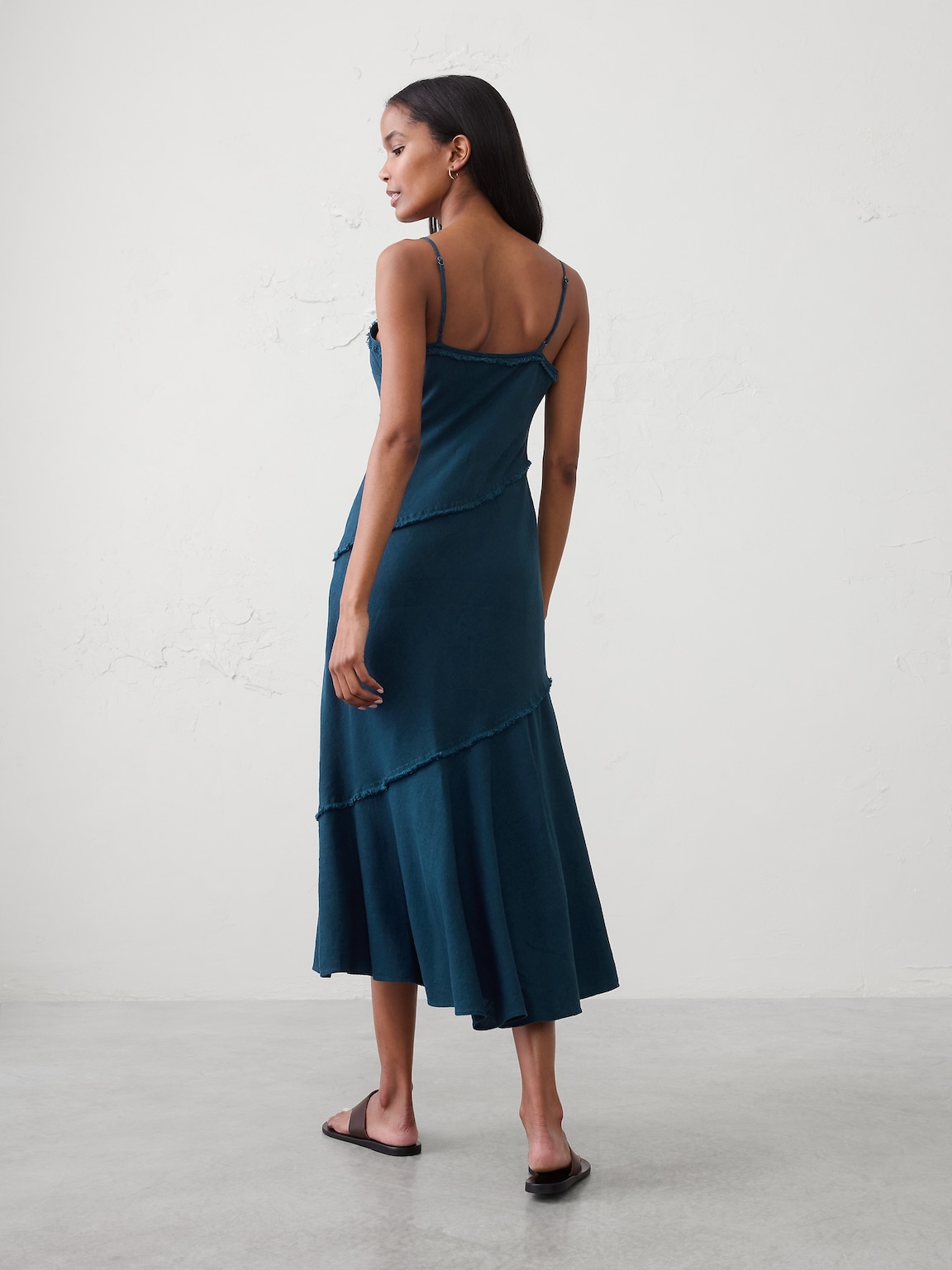 Linen-Blend Fray-Edges Midi Dress