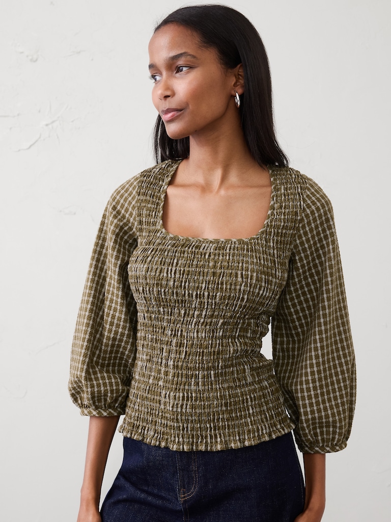 Seersucker Smocked-Bodice Top