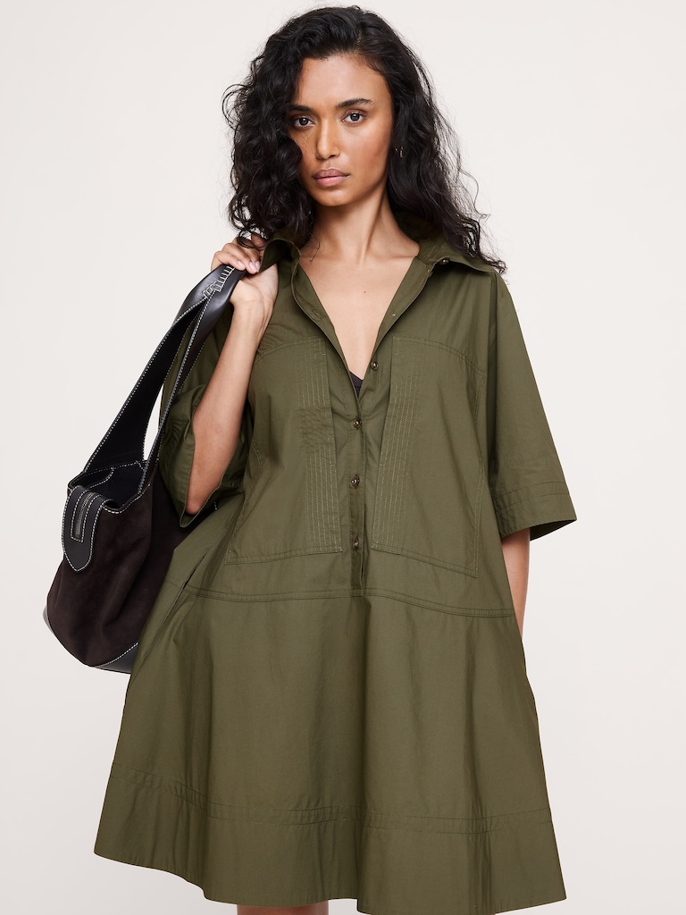Cotton Poplin Trapeze Mini Shirt Dress