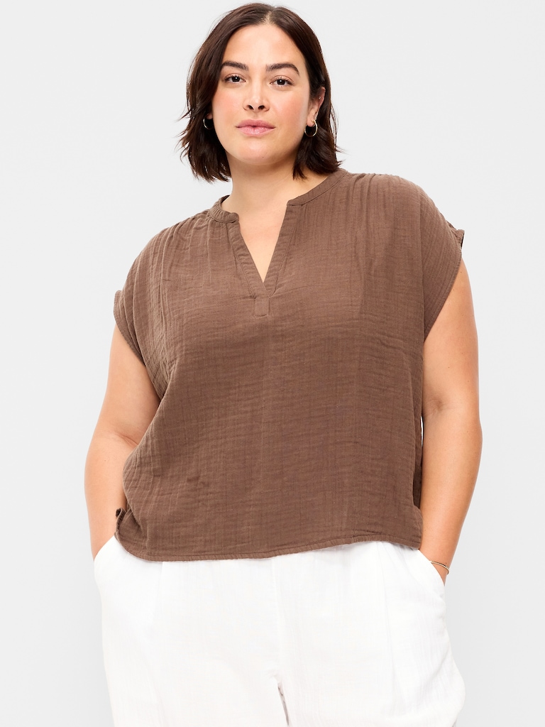 Short-Sleeve Crinkle Gauze Popover Top