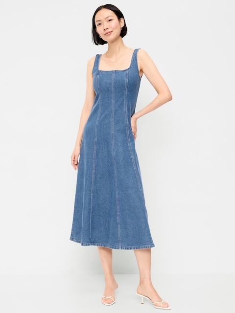 dreamy date night navy blue sleeveless midi dress Navy Blue Cotton Flax Sleeveless A-Line Midi Dress 50