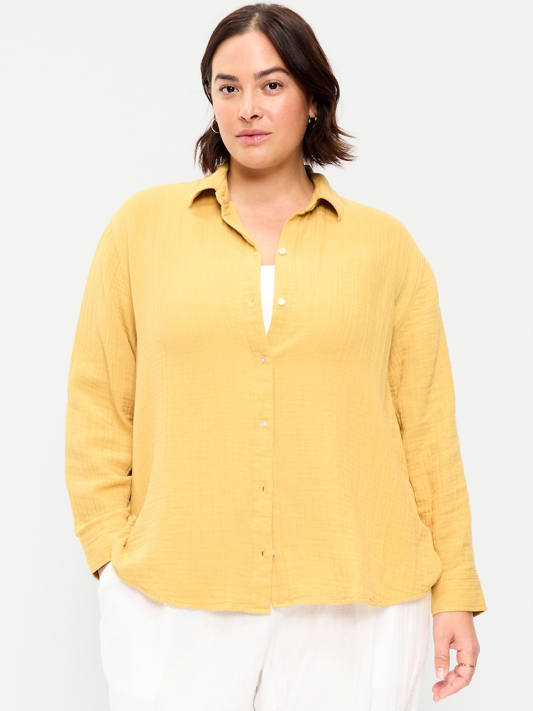 Open-Back Crinkle Gauze Button-Down Shirt