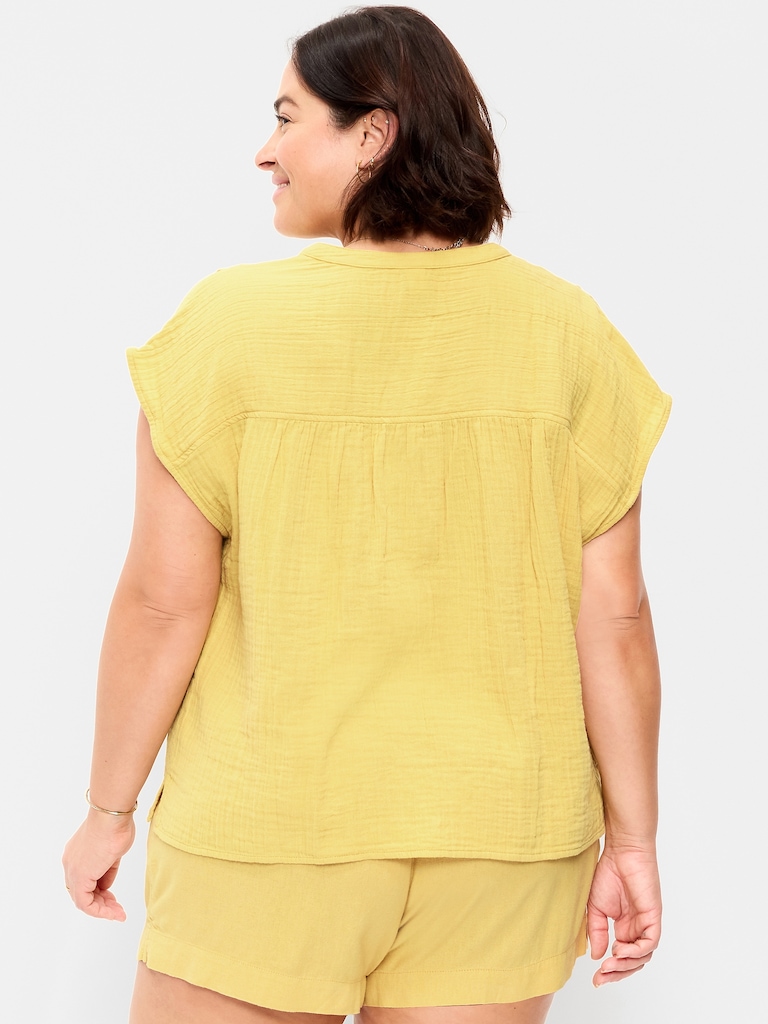 Short-Sleeve Crinkle Gauze Popover Top