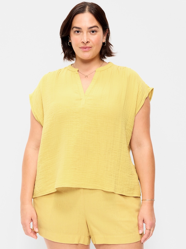 Short-Sleeve Crinkle Gauze Popover Top