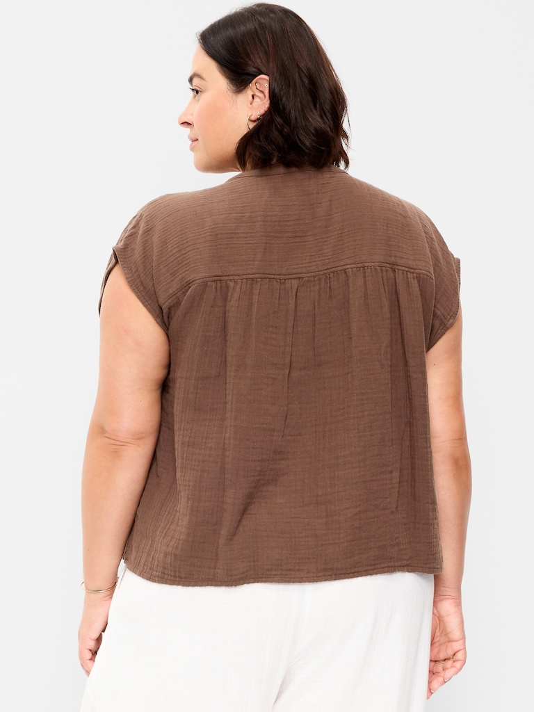 Short-Sleeve Crinkle Gauze Popover Top