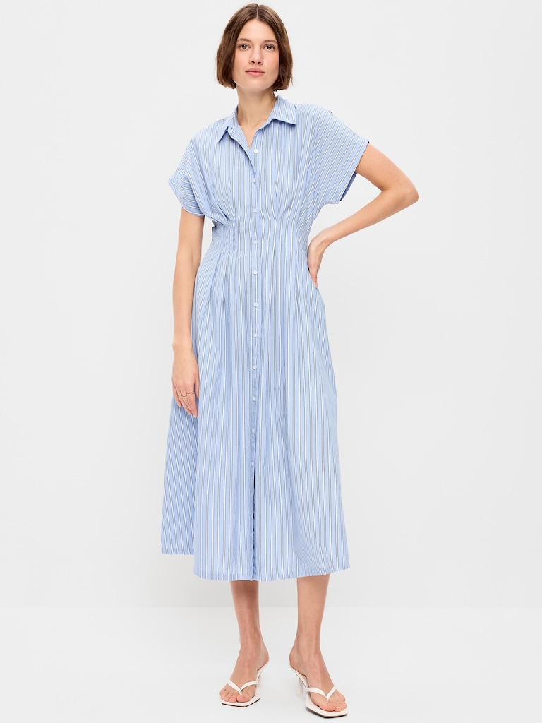 Pintuck-Waist Midi Shirt Dress