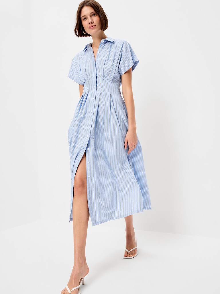 Pintuck-Waist Midi Shirt Dress