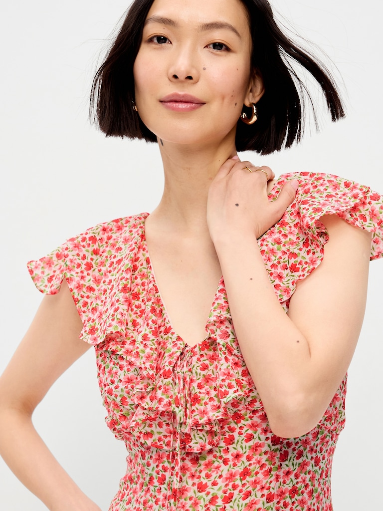 Ruffle-Sleeve Fit & Flare Midi Dress