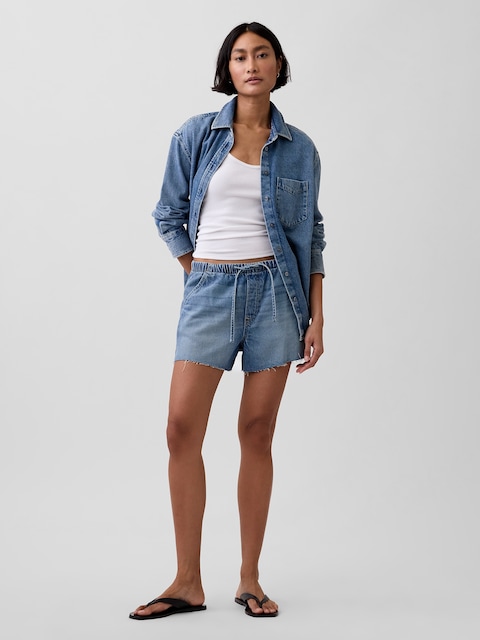 white christmas dresses Blue Denim High-Rise Shorts with Frayed Hem, Belt Loops, Front and Back Pockets & Front Button and Zipper – Franck Shorts by Easy Clothes – Size L main image 1