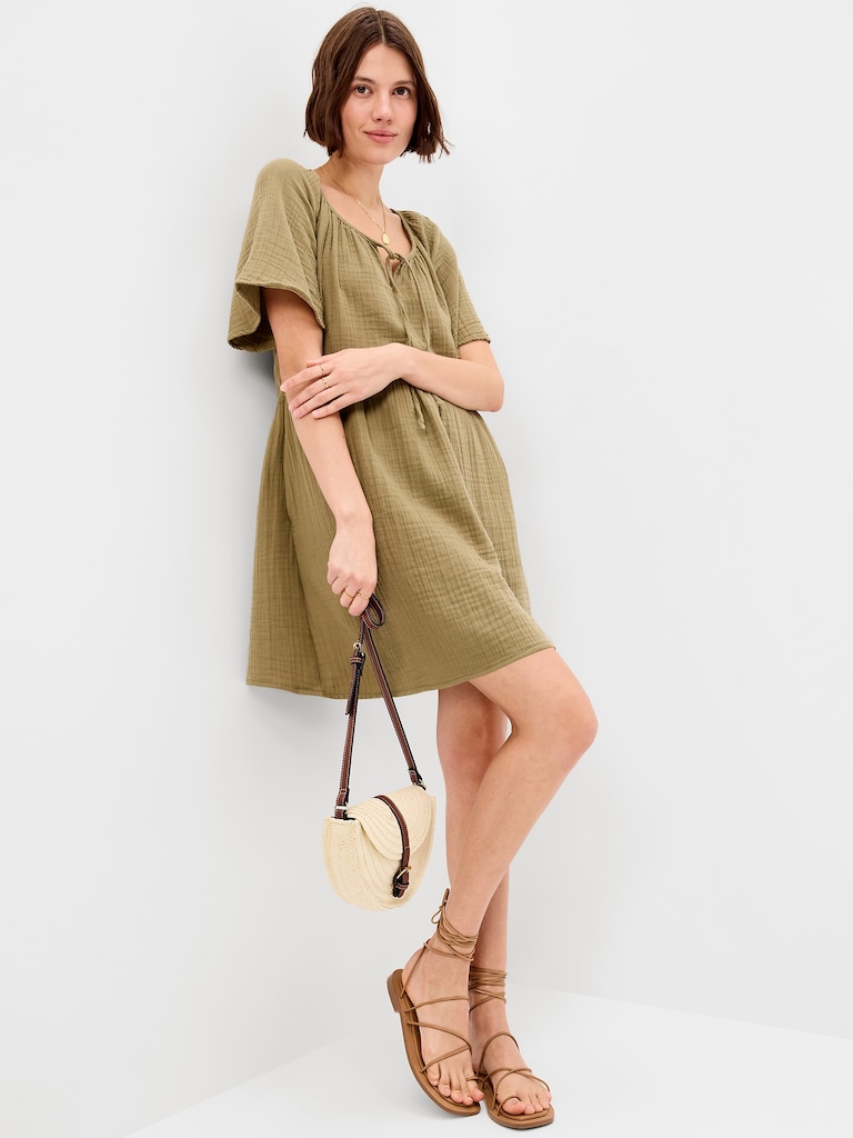 Crinkle Gauze Flutter-Sleeve Mini Swing Dress