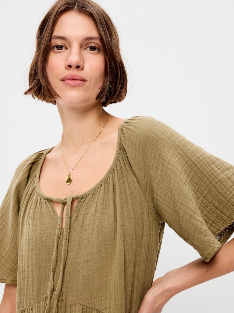 Crinkle Gauze Flutter-Sleeve Mini Swing Dress