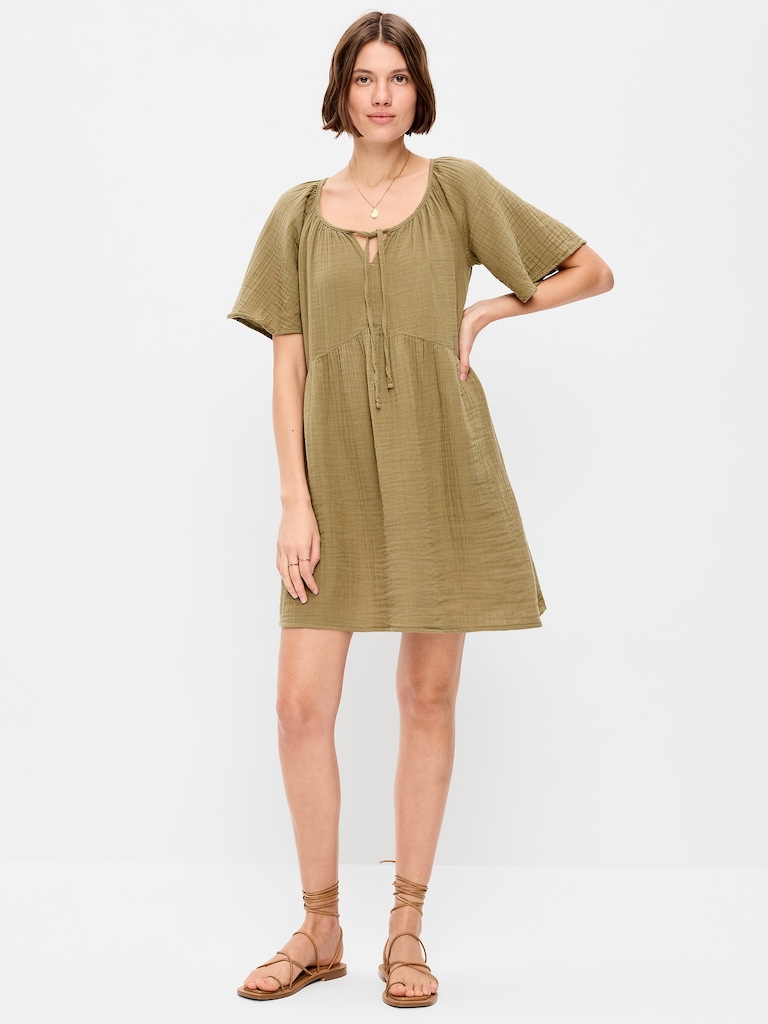 Crinkle Gauze Flutter-Sleeve Mini Swing Dress