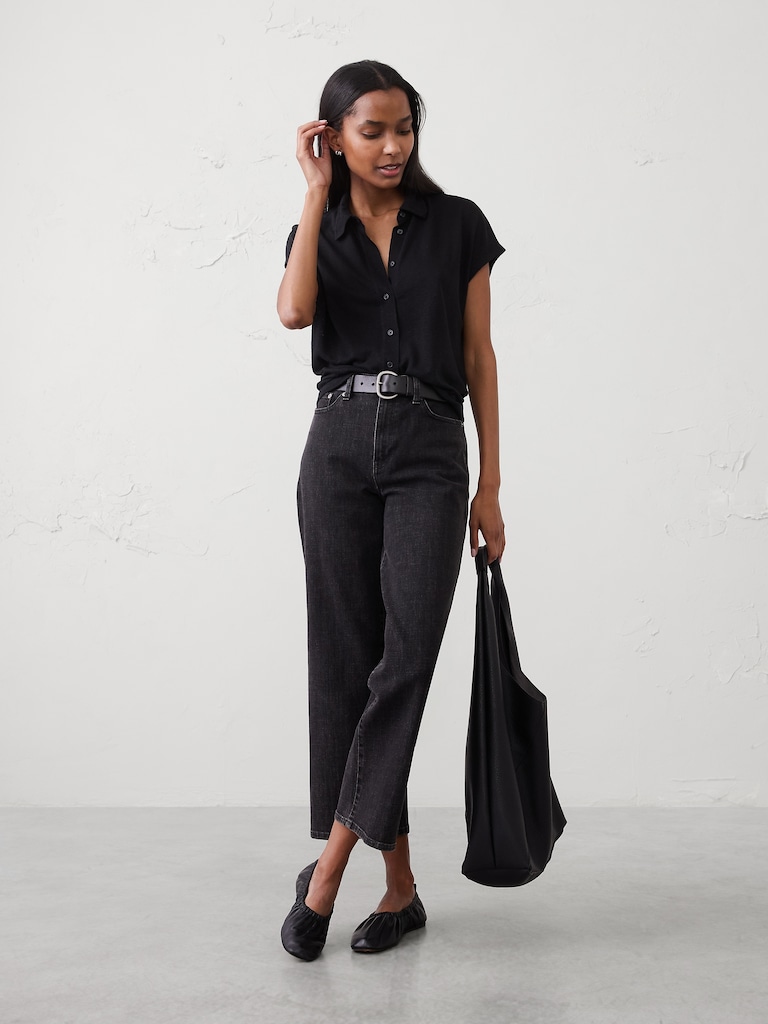 Linen-Blend Collared Top