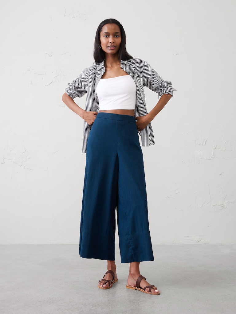 Wide-Leg High-Rise Linen-Blend Cropped Pull-On Pant