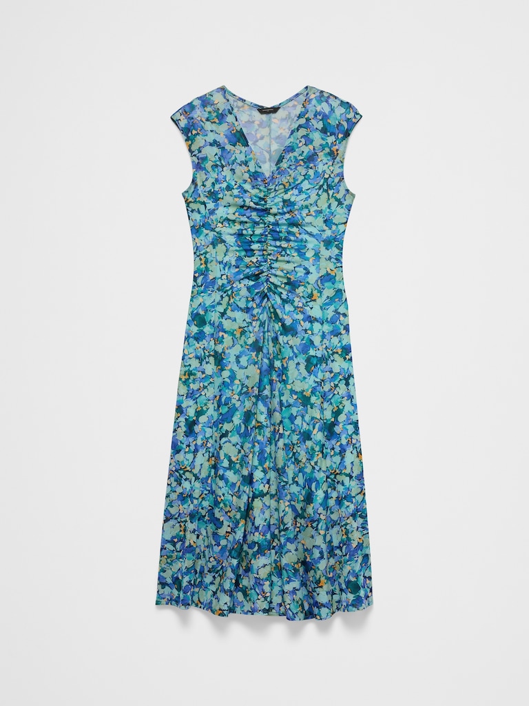 Mesh Shirred-Waist Long Midi Dress