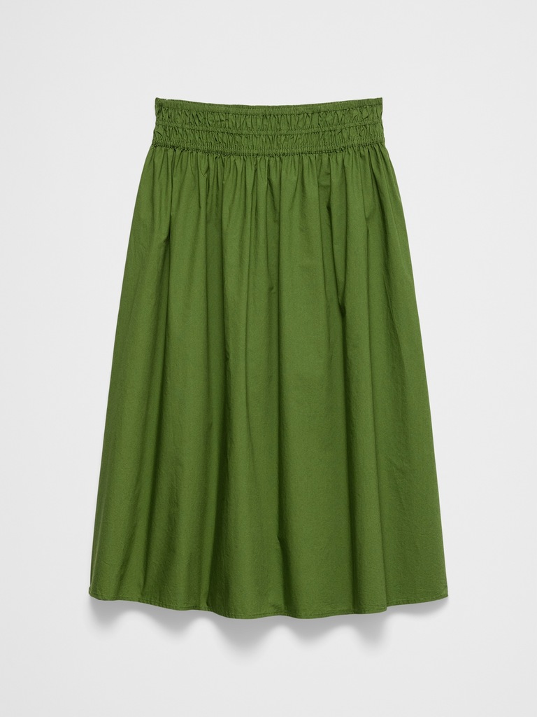 Poplin Smocked-Waist Midi Skirt