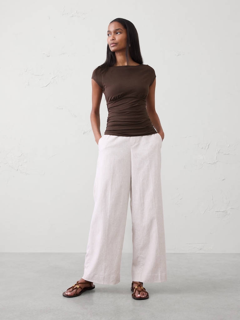 Soft Stretch Cap-Sleeve Ruched Top