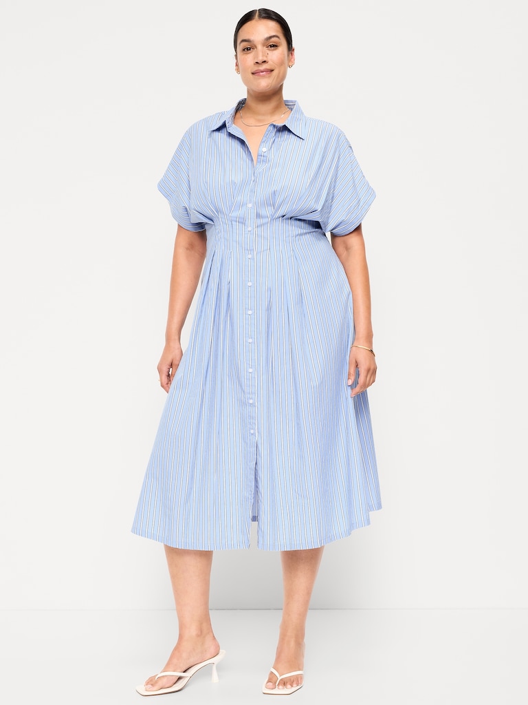 Pintuck-Waist Midi Shirt Dress