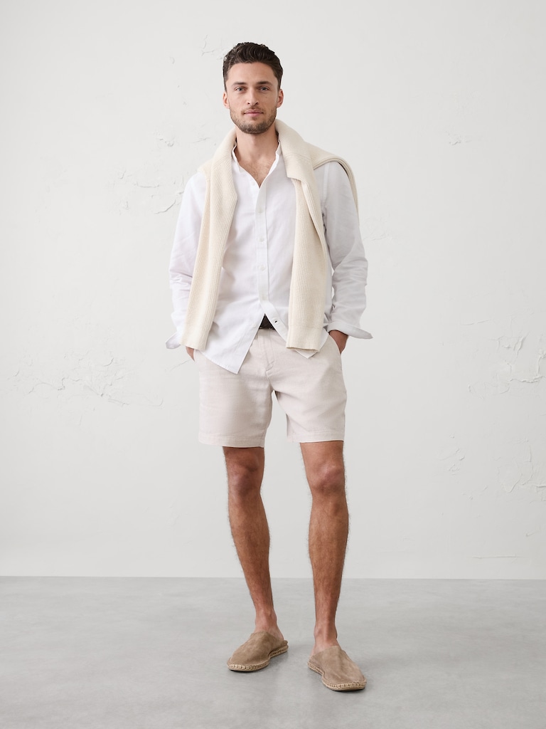 Slim-Fit Linen-Blend Banded-Collar Shirt