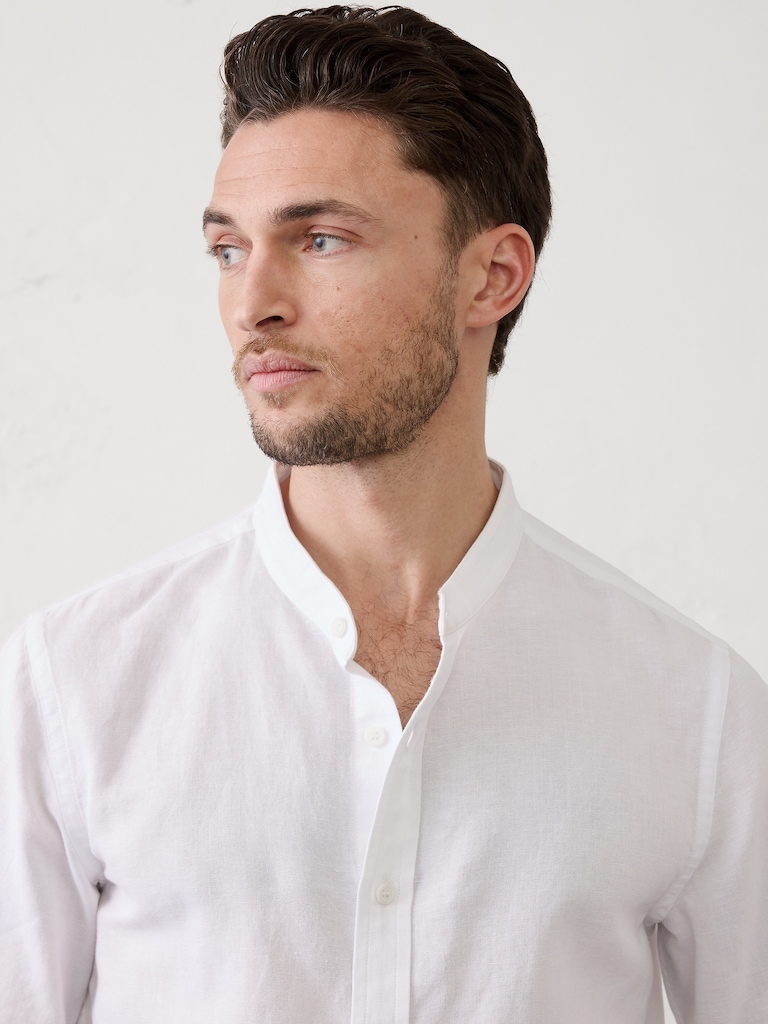 Slim-Fit Linen-Blend Banded-Collar Shirt